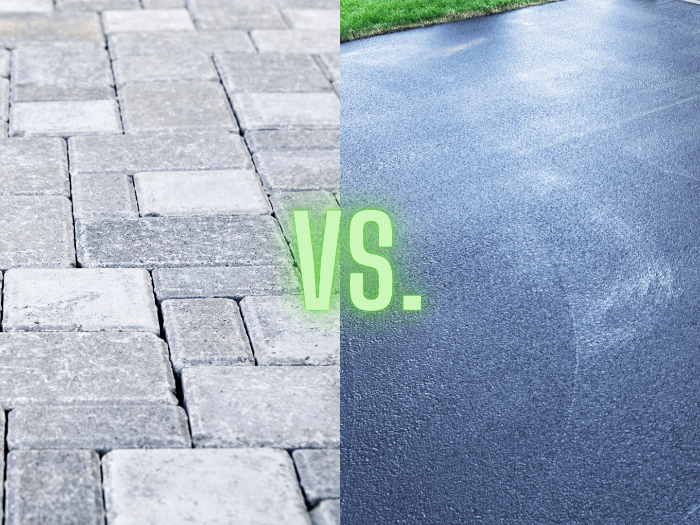 A comparison scene showing an interlock driveway with a defined border next to a plain concrete surface